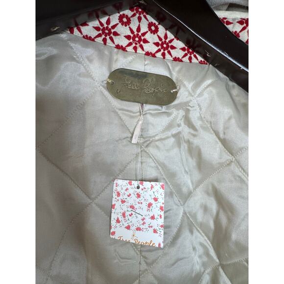 Free People Wool Blend Embroidered Crop Bomber Jacket Hooded Red Boho Women's M - Picture 13 of 16